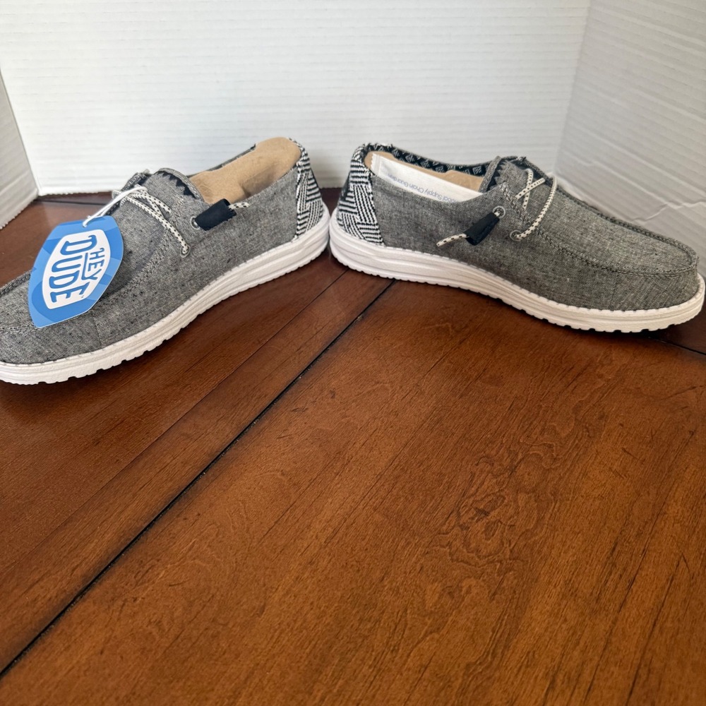 Hey Dude Wendy Womens Grey Canvas Slip On Loafer Moccasin Shoes Geometric Heel 8 - Picture 3 of 7